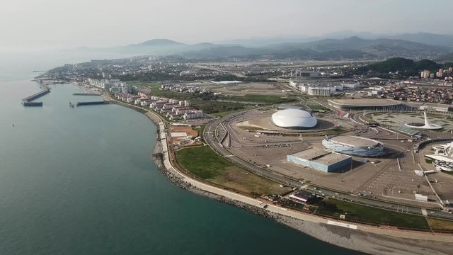 Russia, Sochi - August 08, 2018: Panorama of Olympic Park in Sochi, the venue of the 2014 Olympics, the 2018 FIFA World Cup, Formula 1 Racing - Sochi Autodrome