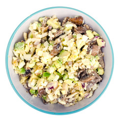 Healthy and dietary food. Salad with avocado, squid and egg