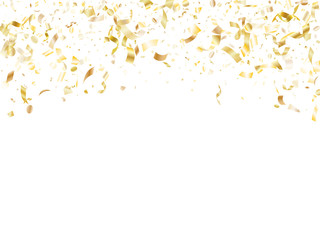 Holiday realistic gold confetti flying on black background.