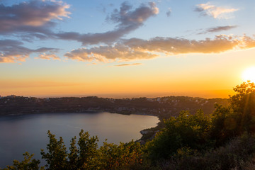 Beautiful sunset over the lake Albano nearby Rome, Italy