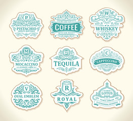 Vintage gold emblem set. Flourishes crest calligraphic ornament