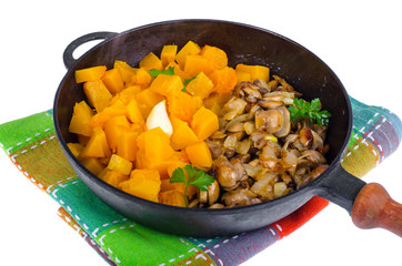 Vegetable dishes from mushrooms and pumpkin, vegetarian menu