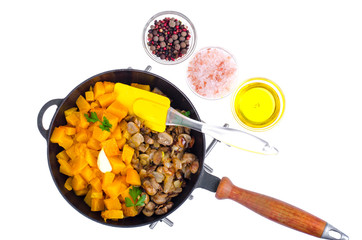 Vegetable dishes from mushrooms and pumpkin, vegetarian menu
