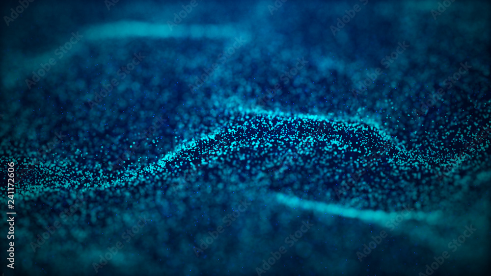 Poster wave glow. wave of particles. wave 3d. 3d rendering. futuristic dots background with a dynamic wave.