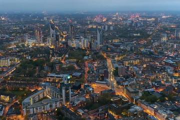 Aerial view of Southwark district in London at dusk