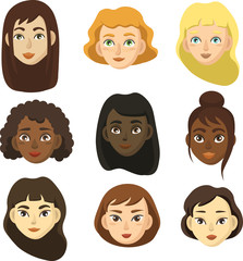 Set of woman's faces of different nationalities