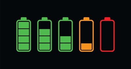 Colourful battery charging levels icon set