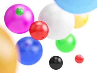 Flying bright balls on white background. 3d illustration.