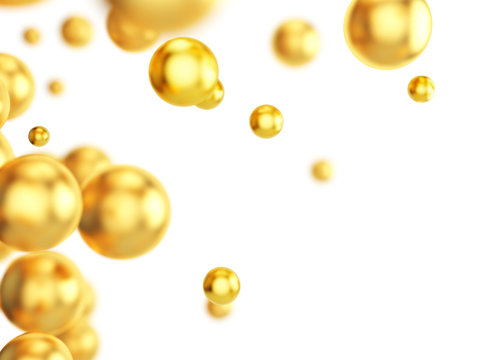 Flying gold spheres on white background. 3d illustration