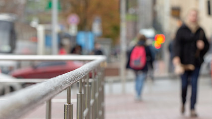 raindrops on stainless inox fence selective focus