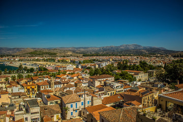 Obraz premium European medieval small city with shingles roofs aerial photography on mountain background scenic landscape