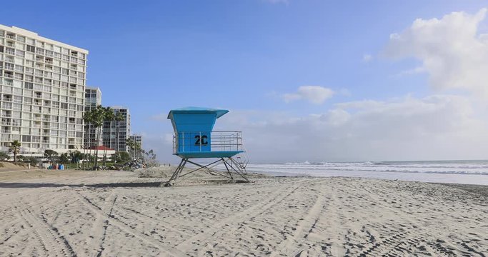 Beach sand Life guard stand resorts Coronado Beach San Diego California. Near historic beachfront hotel across bay from San Diego, California. Opened in 1888 as largest resort hotel in the world.