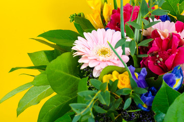 Mix of summer flowers in bouquet on bright background