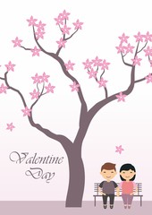 Plakat Romantic couple sitting under cherry blossom tree