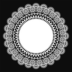 White Lace Doily - Beautiful vintage style white lace doily with copy space isolated on black background