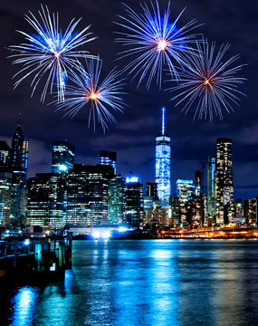 Fireworks over New York City skyscrapers