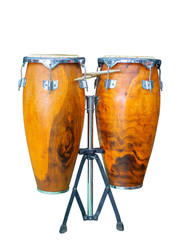 Drums set and sticks on white background. (clipping path)
