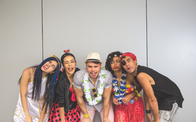 Carnaval party. Crowd of Brazil people in costume in the city Carnival. Dressed brazilian...
