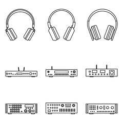 Audio equipment. Headphone, player and mixing amplifier. Thin line vector