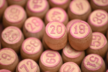 Barrels with numbers for playing lotto.New Year 2019.Merry Christmas