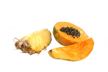 Fresh Sliced Papaya and Pineapple, Isolated on white