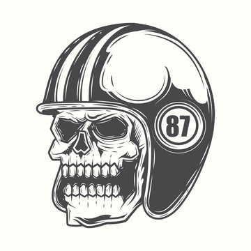 Black and white skull motorcycle helmet on a white background. Vector illustration.
