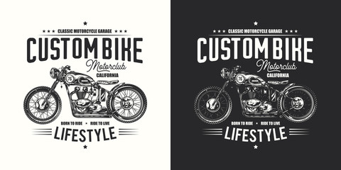 T-shirt or poster design with an illustration of an old motorcycle. Design with text composition on light and dark background.