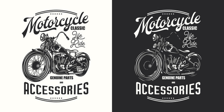 T-shirt or poster design with an illustration of an old motorcycle. Design with text composition on light and dark background.