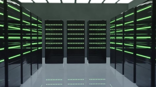 Blocks of servers in server room forward animation.
