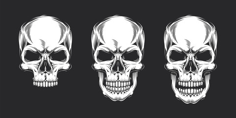 Vintage monochrome prints with skulls. Isolated vector illustration, on black background.
