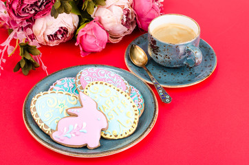 Easter homemade gingerbread on red background