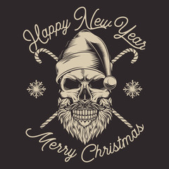 Christmas emblem. Skull Santa Claus vintage style. Monochrome vector illustration.