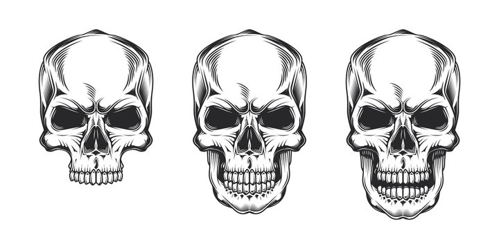 Vintage monochrome prints with skulls. Isolated vector illustration, on white background.