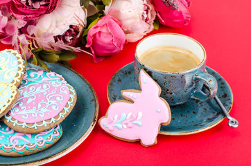 Easter homemade gingerbread on red background