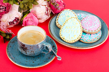 Easter homemade gingerbread on red background