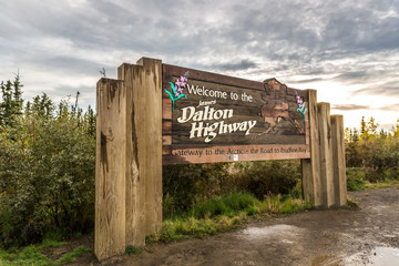 Alaska, USA - Sept 10th 2017 - The Dalton Highway welcome sign in Alaska in Usa