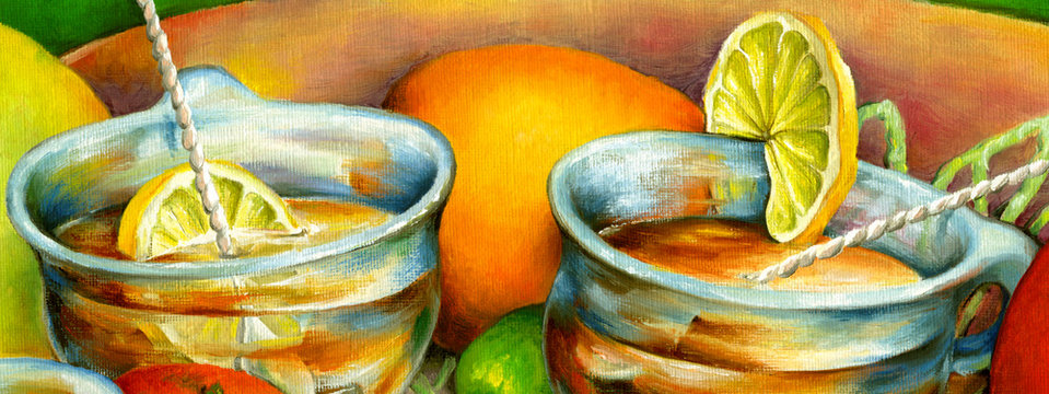 Two cups of tea with lemon slices.Oil painting on canvas
