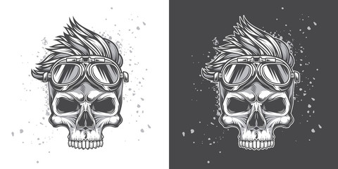 Monochrome vector illustration. Hipster skull with motorcycle glasses and fashionable hairstyle. Vector illustration on dark and white background.