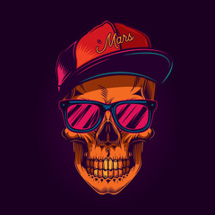 Skull with glasses and cap. Bright vector illustration. T-shirt or sticker design.