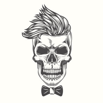 Hipster skull with a fashionable hairstyle in a vintage style. Monochrome vector illustration.