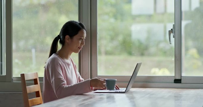 Woman work on computer and touch the window with the cat outside