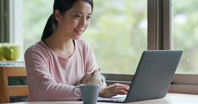 Woman Work On Computer With Her Cat At Home