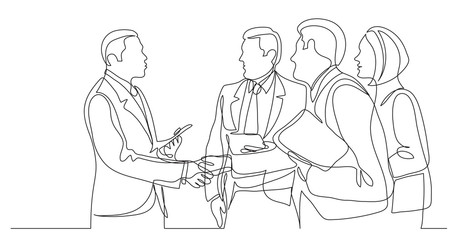 modern business people shaking hands after succesful conversation - one line drawing