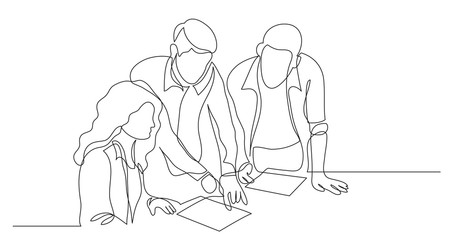 three coworkers discussing project on paper - one line drawing