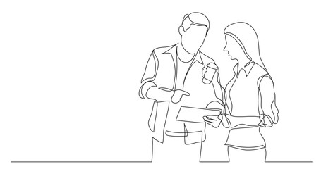 two coworkers talking together about work - one line drawing