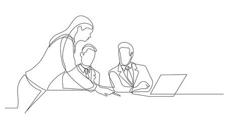 business colleagues discussing papers during working process - one line drawing