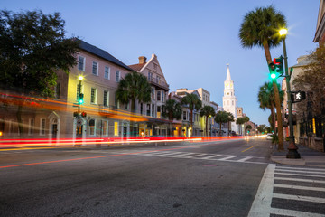 Beautiful view on the uban streets in Downtown Charleston, South Carolina, United States. Taken during a vibrant sunrise.