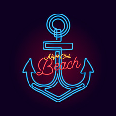 Signboard, night club neon anchor. Vector illustration.