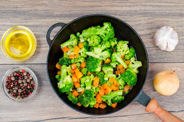 Vegetarian dish. Broccoli, carrots, green peas in pan