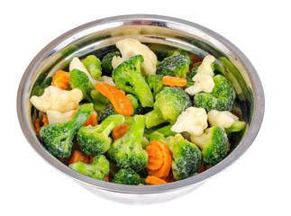 Mix of frozen vegetables in metal bowl